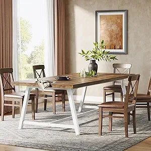 Farmhouse Rectangular Wooden Table With Metal Frame, Seats 6-8