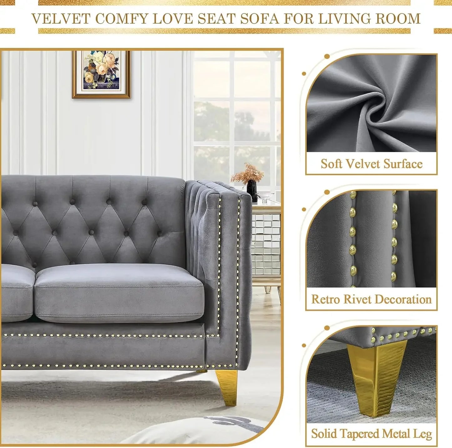 Velvet Living Room Sofa Set of 2, Comfy Loveseat and 3 Seater Couch, Modern Sofa with Tufted Back and Rivet Decoration