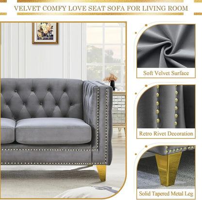 Velvet Living Room Sofa Set of 2, Comfy Loveseat and 3 Seater Couch, Modern Sofa with Tufted Back and Rivet Decoration