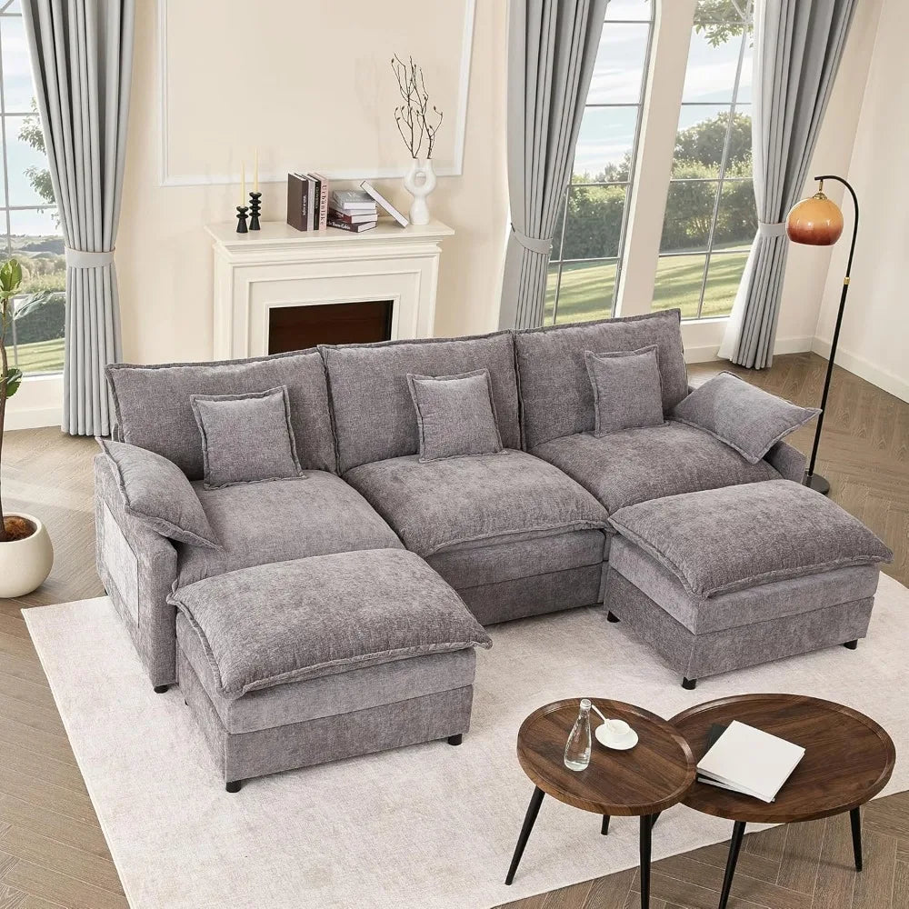 108" U Shaped Couch, Modular Sectional Sofa, 3-Seater Comfy Cloud Couch with Movable Ottoman