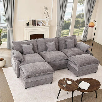 108" U Shaped Couch, Modular Sectional Sofa, 3-Seater Comfy Cloud Couch with Movable Ottoman