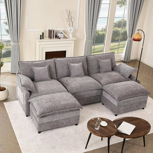 108" U Shaped Couch, Modular Sectional Sofa, 3-Seater Comfy Cloud Couch with Movable Ottoman
