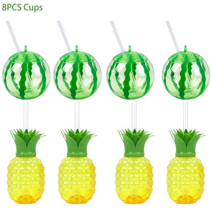 Plastic Fruit Drink Cups With Straw, Strawberry/Pineapple/Watermelon, Set Of 6 Or 8