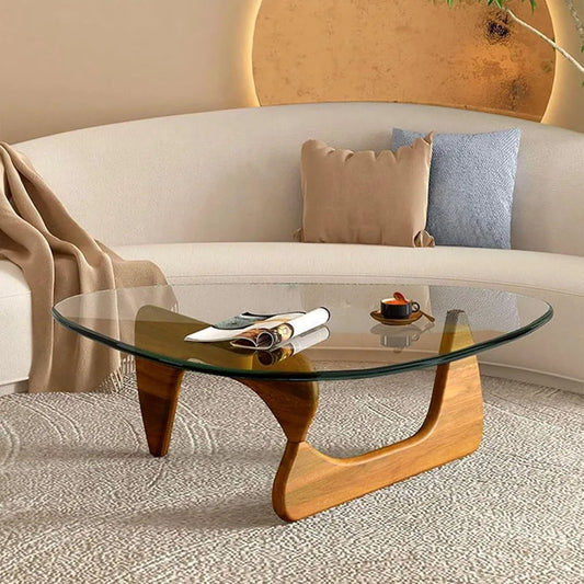 Modern Triangular Glass Top Coffee Table With Abstract Base