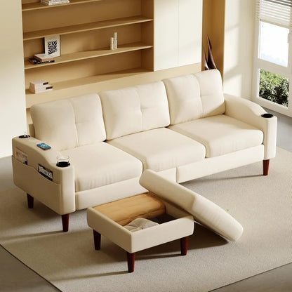 L Shaped Lounge Sectional Sofa for Living Room, 78 Inch 3-Seater USB Charging Couch with Cup Holders & Washable Cover