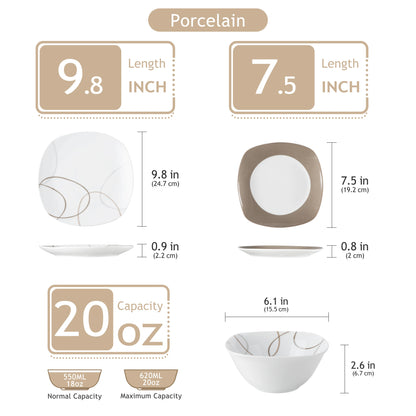 12/24 Piece Brown And White Porcelain Dinnerware Set Geometric Design Dinner Plate/Dessert Plate/Bowl