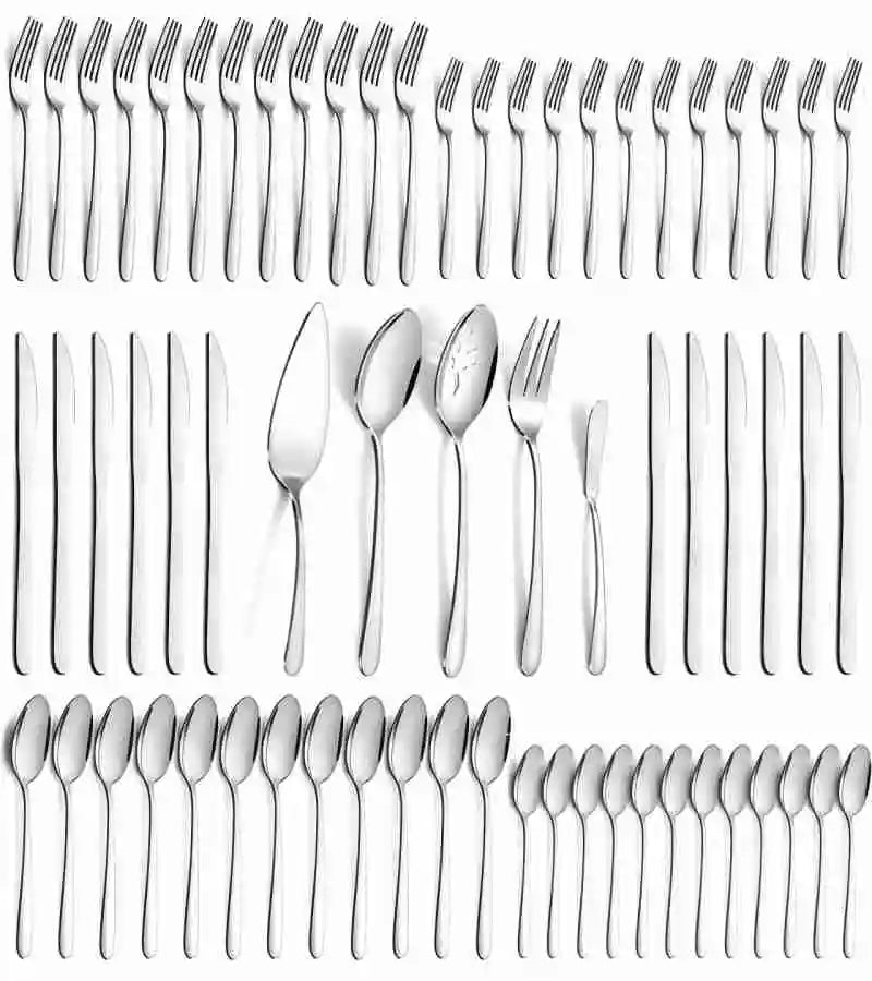 60 Piece Stainless Steel Cutlery Set Service For 12 with 5 Piece Serving Set Dishwasher Safe