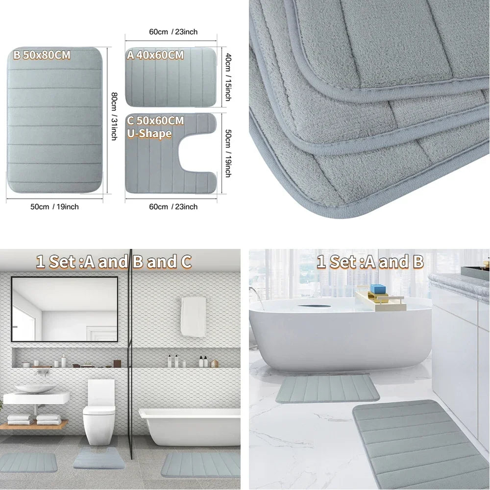 1/2/3 Piece Memory Foam Bathroom Mat Set Non Slip Absorbent Machine Washable