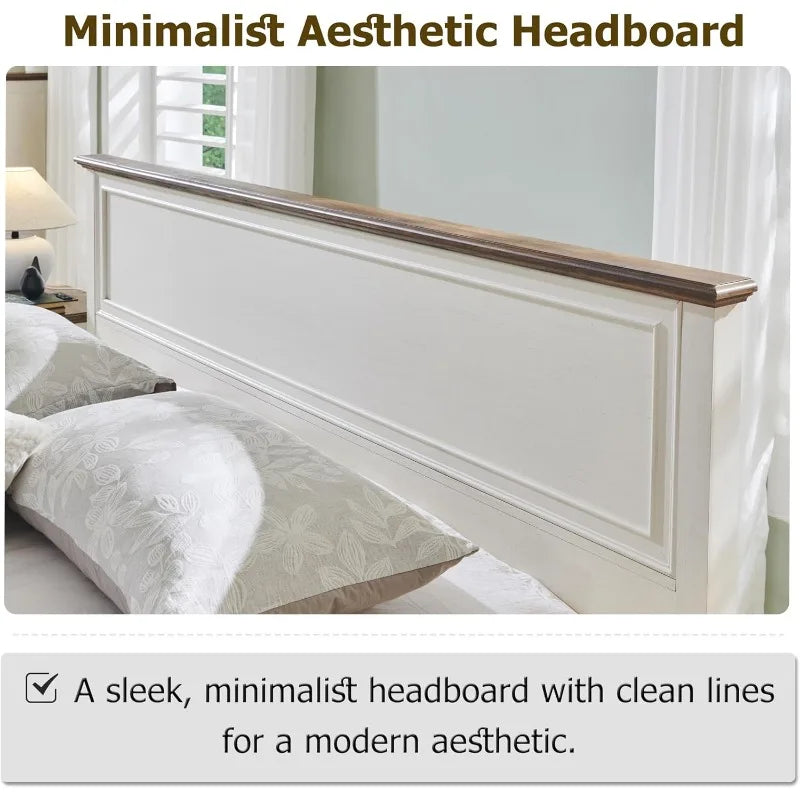 Farmhouse King Bed with Headboard and Storage Bench,with 80" Storage Chest w/ 4 Large Drawer (Antique White)