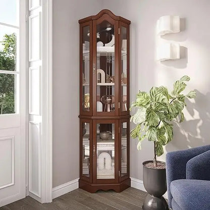 Lighted Traditional Corner Curio Cabinet, Glass Doors, Mirrored Back