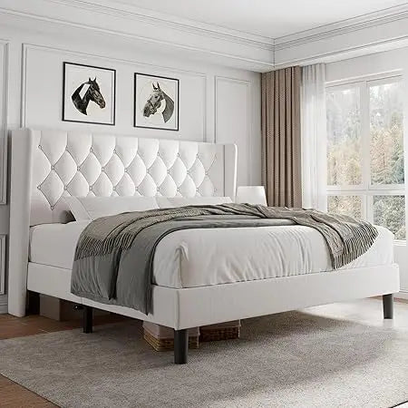King Size Velvet Platform Bed Frame with Button Tufted Headboard, Upholstered Bed Frame with Solid Wooden Slats