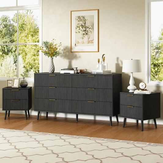 Modern Chic Black 3 Piece Set with 6 Drawer Dresser And 2 Nightstands