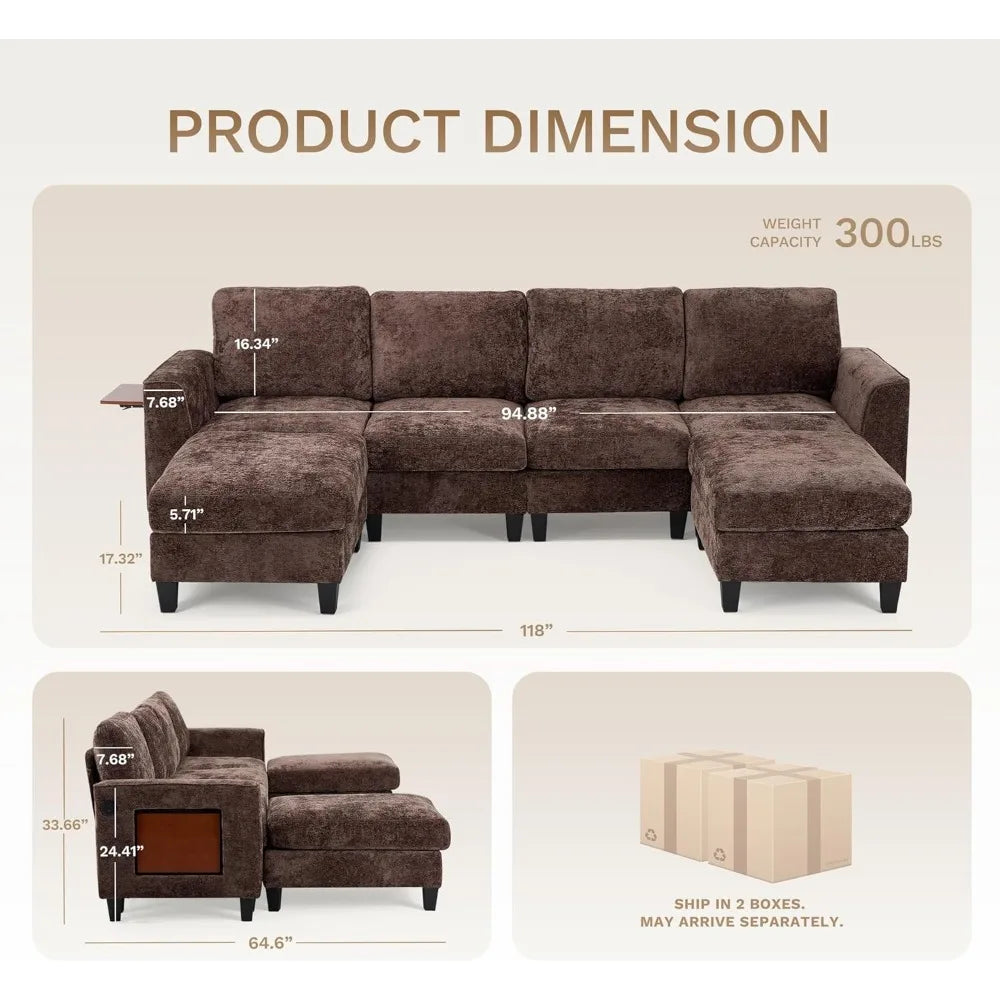 118" Modular Sectional Sofa for Living Room,Soft Chenille Fabric, 4 Seater with 2 Ottomans and Foldable Side Tables