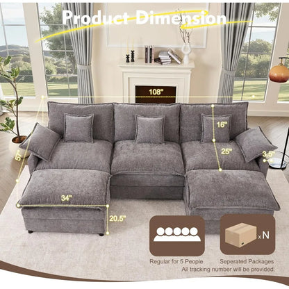 108" U Shaped Couch, Modular Sectional Sofa, 3-Seater Comfy Cloud Couch with Movable Ottoman