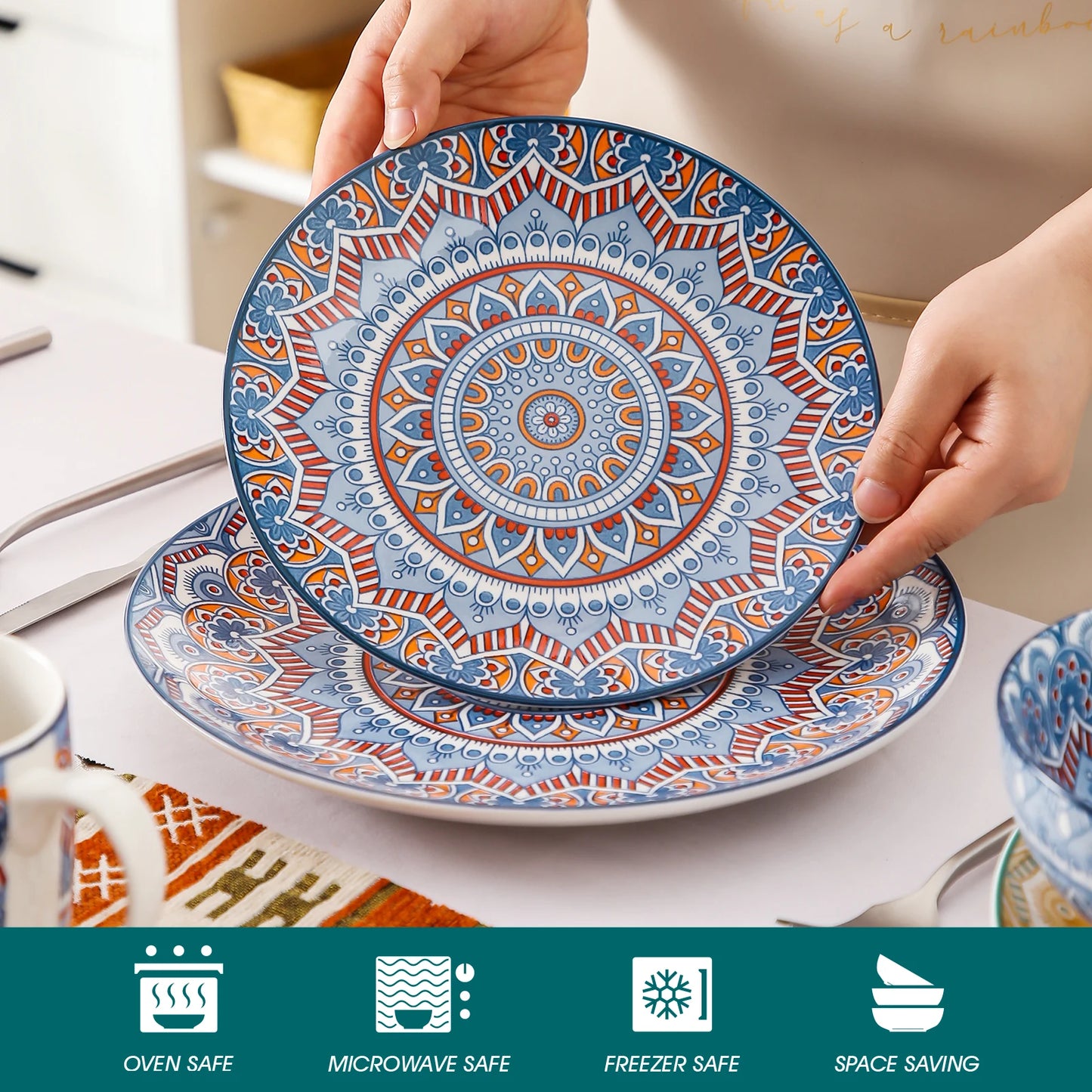 16/32/48 Piece Ceramic Dinnerware Set Colorful Mandala Pattern With Dinner Plate Dessert Plate Mug And Bowl