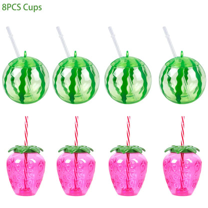 Plastic Fruit Drink Cups With Straw, Strawberry/Pineapple/Watermelon, Set Of 6 Or 8