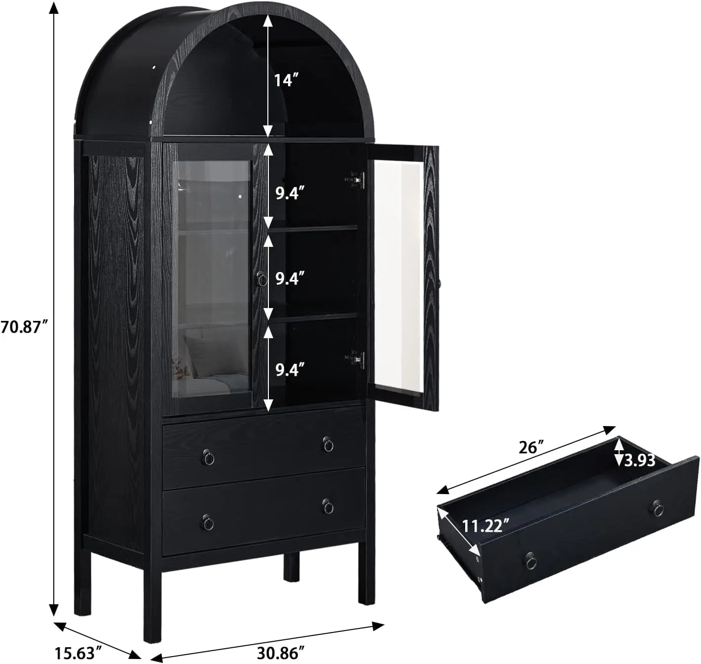 71" Arched Modern Display Cabinet, Glass Doors 2 Drawers