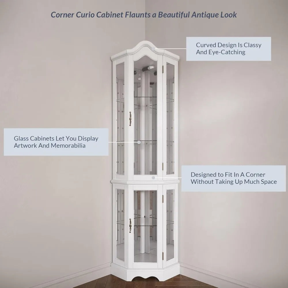 Lighted Traditional Corner Curio Cabinet, Glass Doors, Mirrored Back