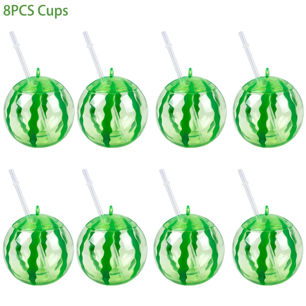 Plastic Fruit Drink Cups With Straw, Strawberry/Pineapple/Watermelon, Set Of 6 Or 8