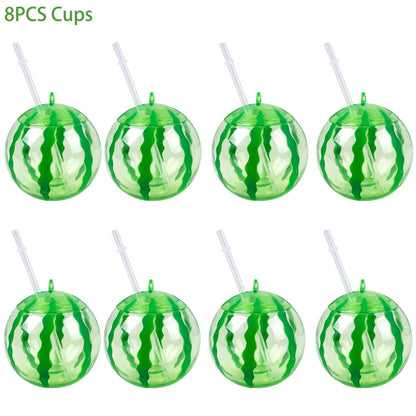 Plastic Fruit Drink Cups With Straw, Strawberry/Pineapple/Watermelon, Set Of 6 Or 8