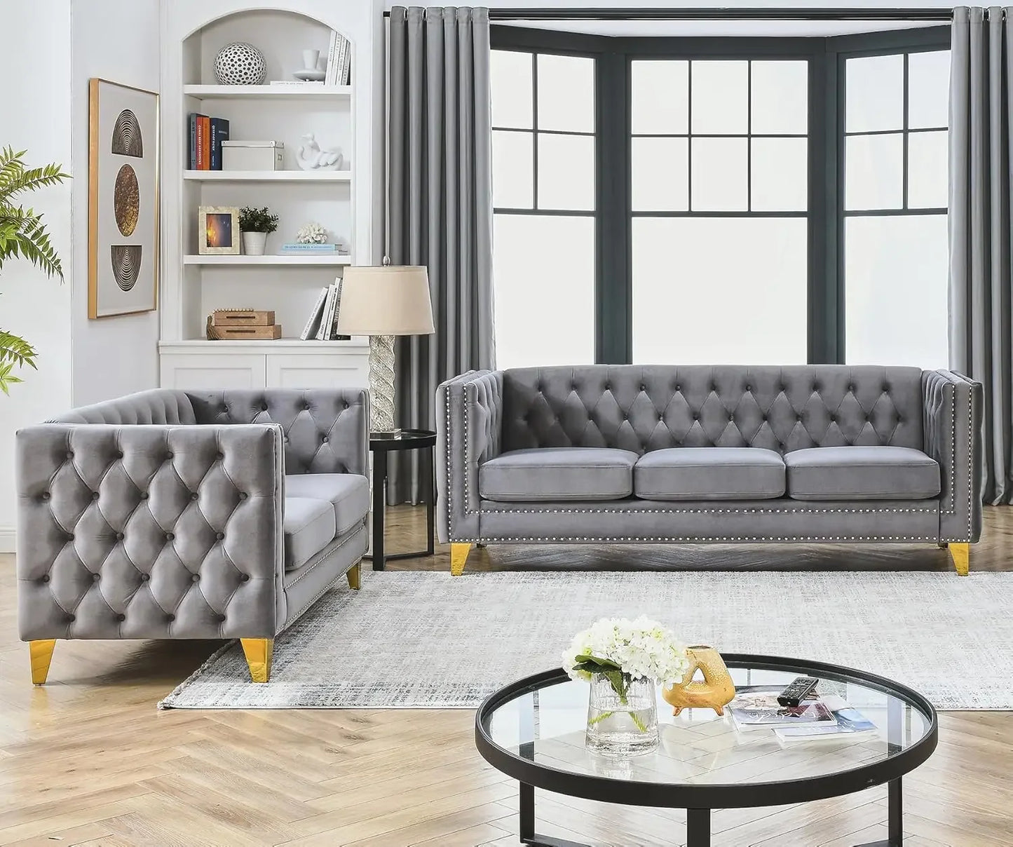 Velvet Living Room Sofa Set of 2, Comfy Loveseat and 3 Seater Couch, Modern Sofa with Tufted Back and Rivet Decoration