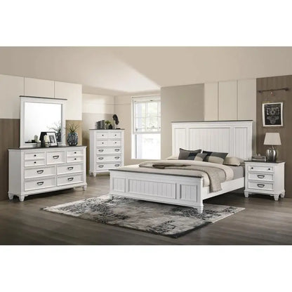 6-Piece Shiplap Panel King Or Queen Bedroom Set Includes Bed, Dresser, Mirror, 2 Nightstands, Chest