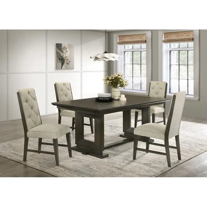 5pc Rectangular Extendable Dining Table with 18" Leaf, Trestle Base, Upholstered Button Tufted Chairs