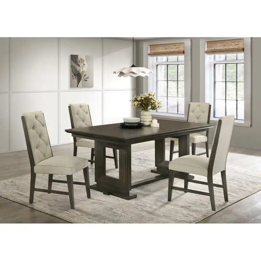 5pc Rectangular Extendable Dining Table with 18" Leaf, Trestle Base, Upholstered Button Tufted Chairs