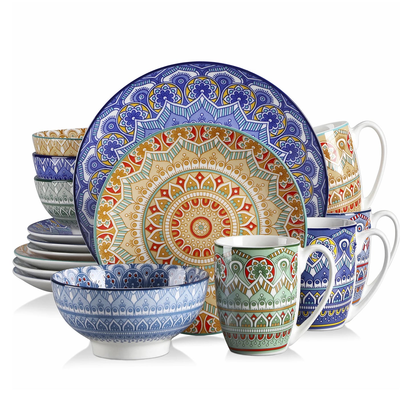 16/32/48 Piece Ceramic Dinnerware Set Colorful Mandala Pattern With Dinner Plate Dessert Plate Mug And Bowl