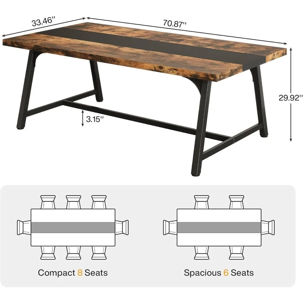 Farmhouse Rectangular Wooden Table With Metal Frame, Seats 6-8