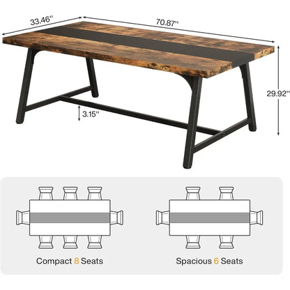 Farmhouse Rectangular Wooden Table With Metal Frame, Seats 6-8