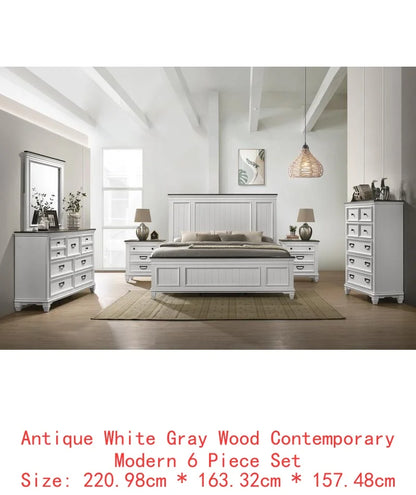 6-Piece Shiplap Panel King Or Queen Bedroom Set Includes Bed, Dresser, Mirror, 2 Nightstands, Chest