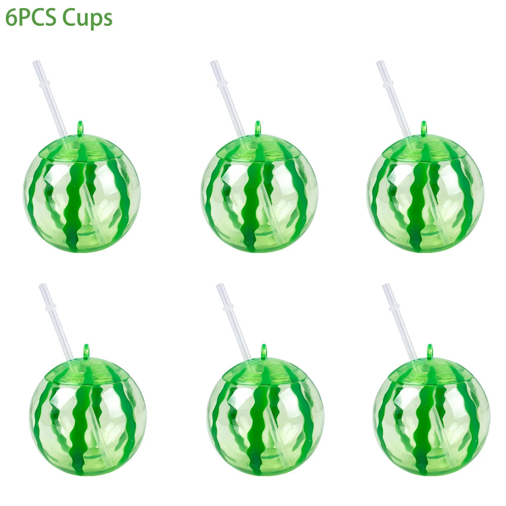 Plastic Fruit Drink Cups With Straw, Strawberry/Pineapple/Watermelon, Set Of 6 Or 8
