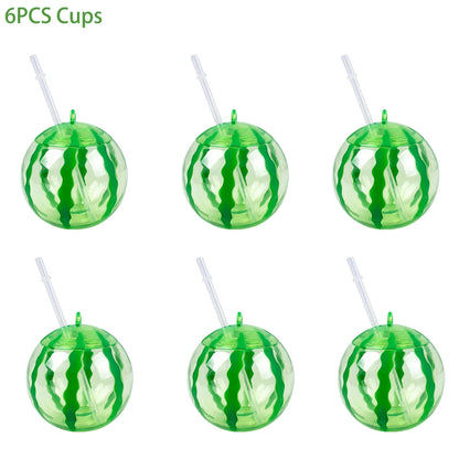 Plastic Fruit Drink Cups With Straw, Strawberry/Pineapple/Watermelon, Set Of 6 Or 8