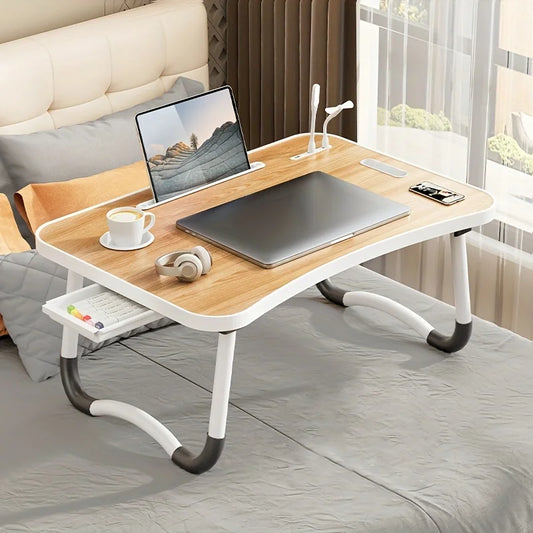 Portable Folding Laptop Desk with USB Light, Small Fan, Cup Holder, Tablet Slot, and Lifting Handle