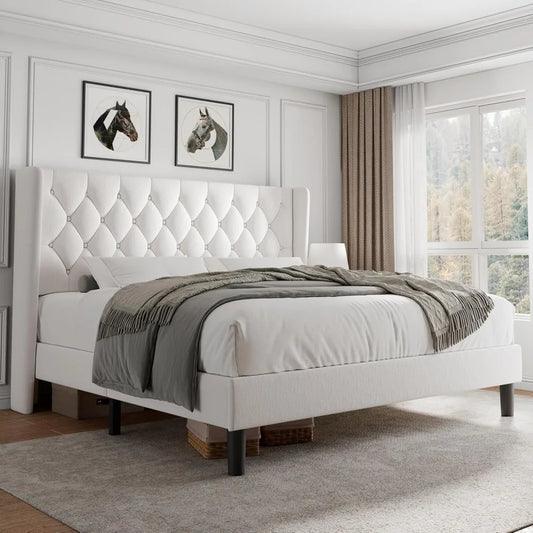 King Size Velvet Platform Bed Frame with Button Tufted Headboard, Upholstered Bed Frame with Solid Wooden Slats