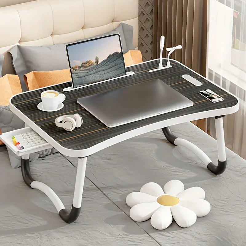 Portable Folding Laptop Desk with USB Light, Small Fan, Cup Holder, Tablet Slot, and Lifting Handle