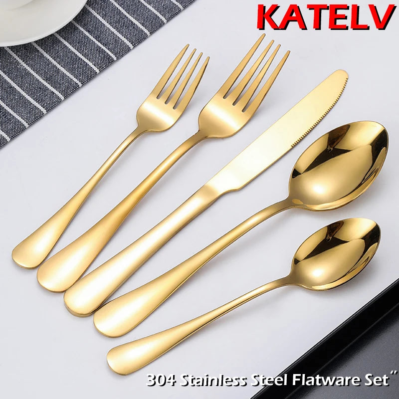 5 Piece Elegant Stainless Steel Cutlery Set Knife Dinner Fork Salad/Dessert Fork Tablespoon Teaspoon Dishwasher Safe