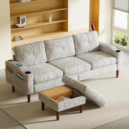 L Shaped Lounge Sectional Sofa for Living Room, 78 Inch 3-Seater USB Charging Couch with Cup Holders & Washable Cover