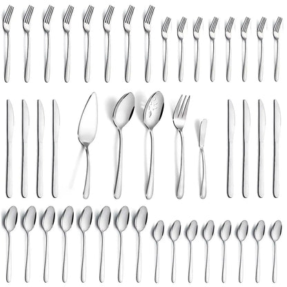 60 Piece Stainless Steel Cutlery Set Service For 12 with 5 Piece Serving Set Dishwasher Safe