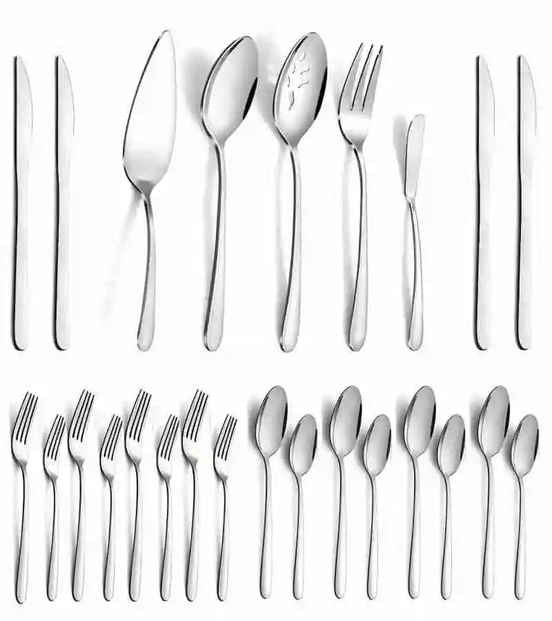 60 Piece Stainless Steel Cutlery Set Service For 12 with 5 Piece Serving Set Dishwasher Safe