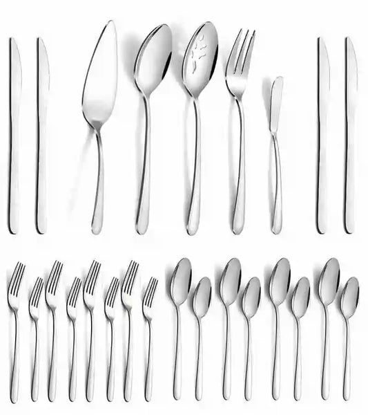 60 Piece Stainless Steel Cutlery Set Service For 12 with 5 Piece Serving Set Dishwasher Safe
