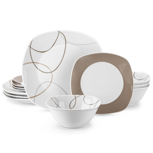 12/24 Piece Brown And White Porcelain Dinnerware Set Geometric Design Dinner Plate/Dessert Plate/Bowl