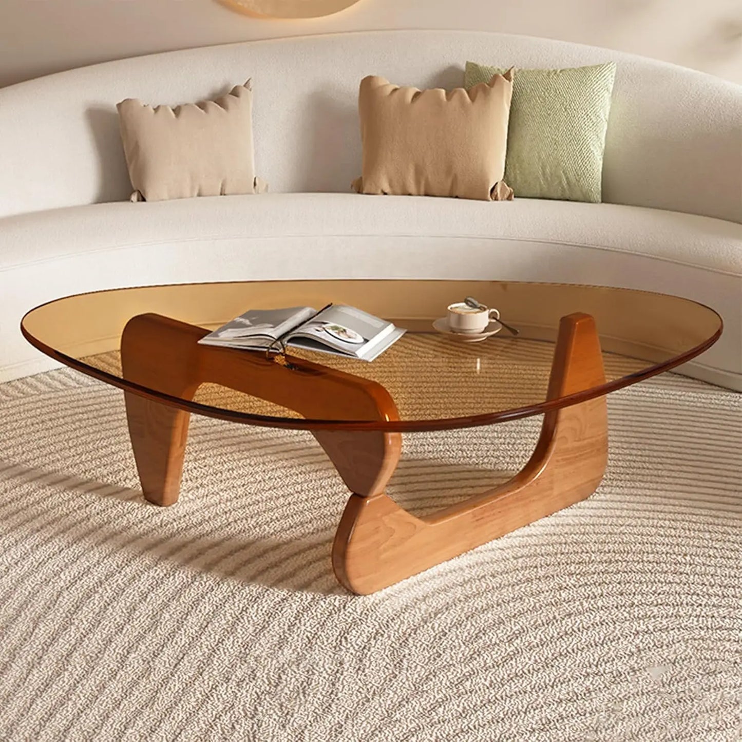 Modern Triangular Glass Top Coffee Table With Abstract Base