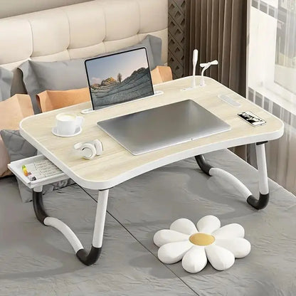 Portable Folding Laptop Desk with USB Light, Small Fan, Cup Holder, Tablet Slot, and Lifting Handle