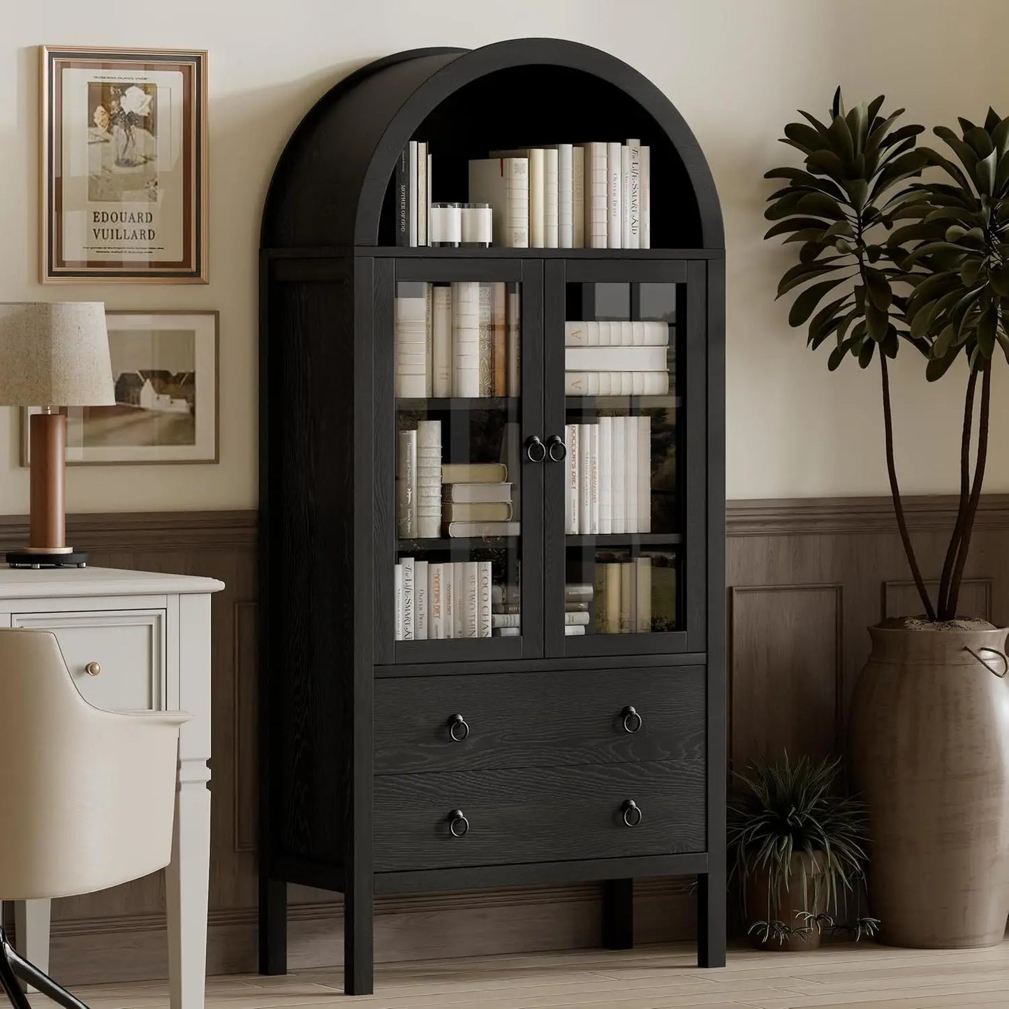 71" Arched Modern Display Cabinet, Glass Doors 2 Drawers