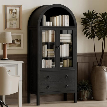71" Arched Modern Display Cabinet, Glass Doors 2 Drawers