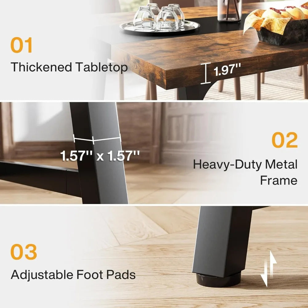 Farmhouse Rectangular Wooden Table With Metal Frame, Seats 6-8