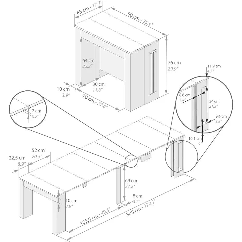 Extendable Console Table Rustic Oak 120", Italian Made with Extension Leaves