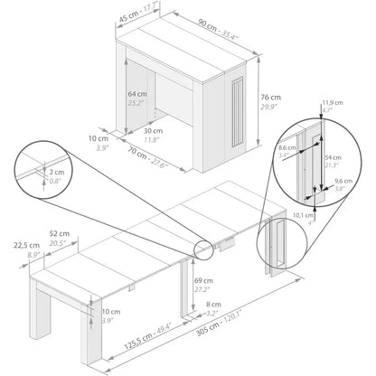 Extendable Console Table Rustic Oak 120", Italian Made with Extension Leaves